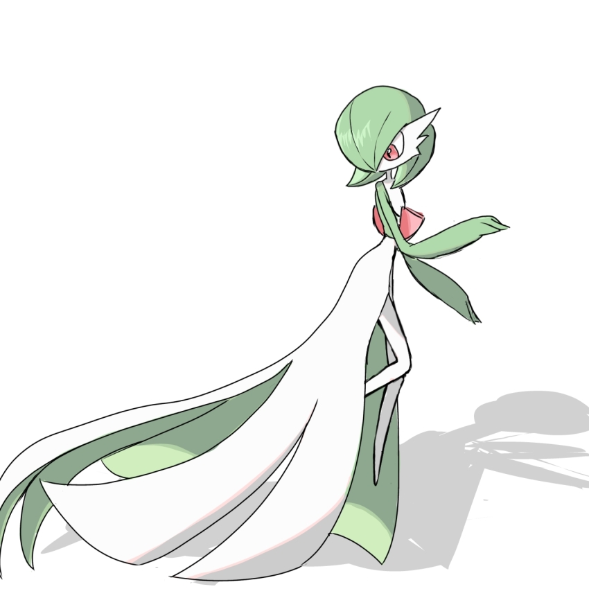 1girl bob_cut colored_skin female_focus flat_chest floating from_side full_body gardevoir gen_3_pokemon green_hair green_skin hair_over_one_eye hand_up highres knees_together_feet_apart legs looking_back looking_down monya multicolored_skin nintendo no_feet one_eye_covered pokemon pokemon_(creature) red_eyes short_hair simple_background solo two-tone_skin white_background white_skin