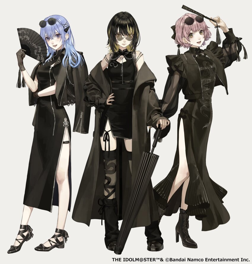 3girls bare_shoulders black_coat black_gloves black_hair blonde_hair blue_hair boots brown_eyes brown_hair china_dress chinese_clothes coat cometik_(idolmaster) dress eyewear_on_head folding_fan gloves grey_background hand_fan high_heel_boots high_heels highres idolmaster idolmaster_shiny_colors jacket jacket_on_shoulders leather leather_jacket looking_at_viewer multicolored_hair multiple_girls official_art oil-paper_umbrella purple_eyes round_eyewear sakauchi_waka see-through_clothes see-through_sleeves side_slit streaked_hair sunglasses thighhighs umbrella yellow_eyes zozotown