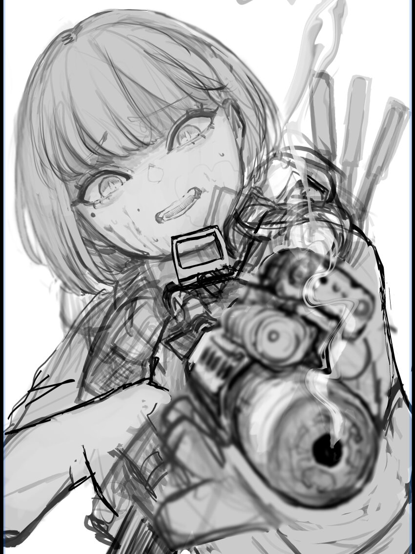 1girl absurdres ar-15 assault_rifle blood blood_on_face blunt_bangs canted_sights flashlight gun heavy_breathing highres holding holding_weapon horse_girl laser_sight nyo551 original parted_lips radio_antenna rifle scared short_hair simple_background slit_pupils smile solo suppressor weapon white_background