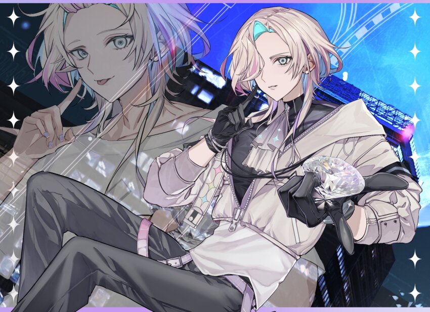 1boy :p :| absurdres aqua_hair ascot bangs_pinned_back belt black_gloves black_shirt border bracelet building closed_mouth collarbone colored_inner_hair cropped_jacket curtained_hair diamond_(gemstone) feet_out_of_frame finger_to_cheek gem gloves grey_ascot grey_pants hair_over_one_eye highres holding holding_gem holostars index_finger_raised invisible_chair jewelry letterboxed looking_at_viewer male_focus maronrice medium_hair multicolored_hair nail_polish night official_alternate_costume outside_border pants partially_unzipped pink_hair purple_belt purple_border purple_hair purple_nails shirt side_part sitting solo sparkle_print streaked_hair tongue tongue_out turtleneck two-tone_shirt utsugi_uyu utsugi_uyu_(after-school) virtual_youtuber white_eyes white_hair white_shirt zipper zipper_pull_tab zoom_layer