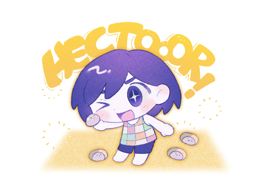 &gt;_o +_+ 1boy ;d bare_arms bare_shoulders barefoot bright_pupils checkered_clothes chibi chibi_only colored_skin commentary_request dot_nose full_body hair_behind_ear hair_between_eyes hector_(omori) holding holding_rock kel_(headspace)_(omori) kel_(omori) male_focus omori one_eye_closed open_mouth orange_outline outline pet_rock purple_eyes purple_hair purple_shorts rock short_hair shorts simple_background smile solo standing tank_top tongue white_background white_pupils white_skin wosinnk