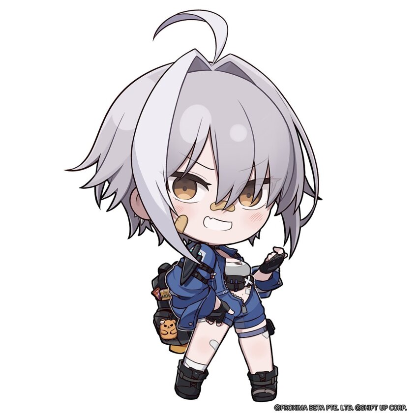 1girl ahoge bandaid bandaid_on_face bandaid_on_leg bandaid_on_nose black_boots black_collar black_gloves boots breasts brown_eyes chibi collar commentary english_commentary fang fingerless_gloves full_body gloves goddess_of_victory:_nikke grey_hair grin hair_between_eyes hair_intakes highres long_sleeves looking_at_viewer medium_hair mori_(nikke) navel official_art pouch skin_fang small_breasts smile solo thigh_pouch thigh_strap totatokeke v-shaped_eyebrows zipper zipper_pull_tab