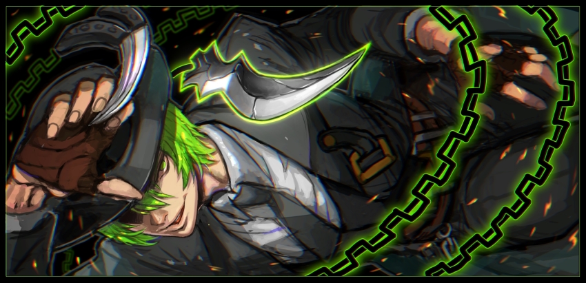1boy balisong belt black_necktie blazblue brown_gloves crack fingerless_gloves fingernails formal_clothes gloves green_eyes green_hair hair_between_eyes hazama knife male_focus necktie parted_lips shaded_face sketch smile solo suit teeth upper_teeth_only weapon yohane_shimizu