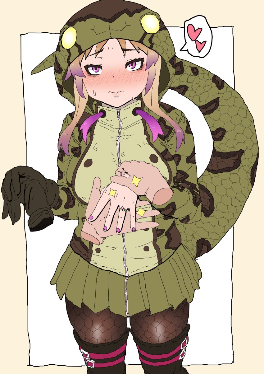 1girl absurdres african_rock_python_(kemono_friends) black_boots black_pantyhose blonde_hair blush boots brown_gloves cowboy_shot drawstring fishnet_pantyhose fishnets gloves gradient_hair green_hoodie green_skirt heart highres hood hood_up hoodie jewelry kemono_friends kumasyan1998 long_hair multicolored_hair nail_polish pantyhose pink_nails pleated_skirt print_hoodie purple_eyes purple_hair ring scales sidelocks single_glove skirt snake_girl snake_print snake_tail solo sparkle spoken_heart sweatdrop tail thigh_boots unworn_gloves wavy_mouth