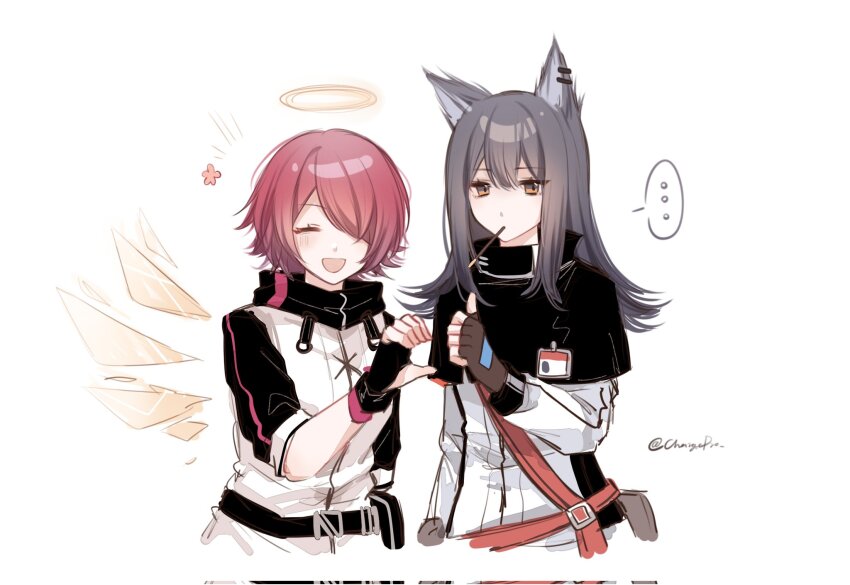 ... 2girls angel animal_ears arknights belt black_gloves black_hair black_jacket black_shrug brown_eyes closed_eyes commentary corrupted_twitter_file cropped_torso energy_wings exusiai_(arknights) fingerless_gloves food food_in_mouth gloves hair_between_eyes hair_over_one_eye halo heart_hands_failure highres jacket long_hair looking_at_viewer medium_hair multicolored_jacket multiple_girls name_tag pocky pocky_in_mouth red_hair shadow71580825 shrug_(clothing) sidelocks simple_background speech_bubble spoken_ellipsis swept_bangs symbol-only_commentary texas_(arknights) thumbs_up twitter_username upper_body white_background white_jacket wolf_ears