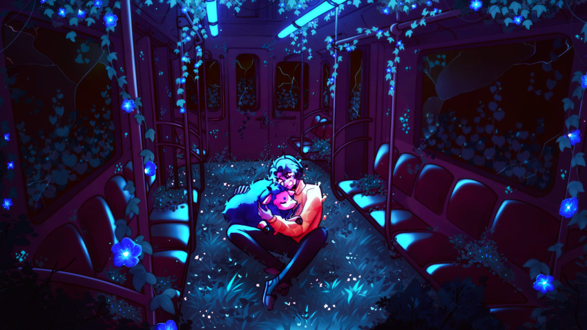 1boy animal chair door dream_smp flower friend_the_sheep ghostbur glowing grass happy highres hug kuranberrri long_sleeves male_focus minecraft_youtube scenery sheep sitting smile solo sweater train_interior wilbur_soot yellow_sweater