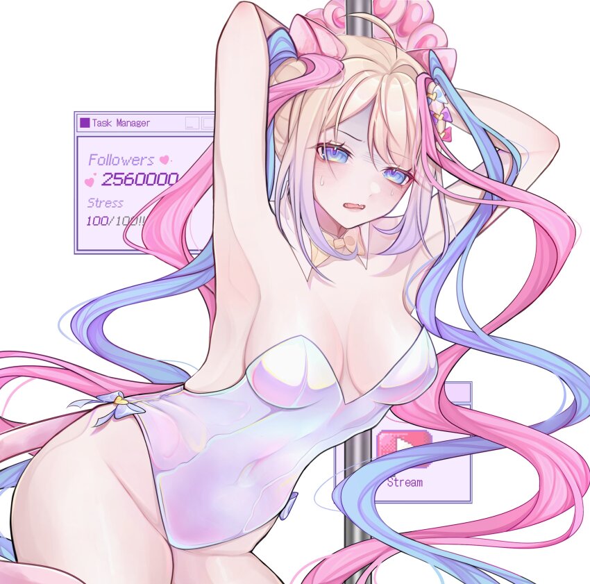 1girl absurdres ahoge arms_behind_back arms_up blonde_hair blue_eyes blue_hair bow bowtie breasts chouzetsusaikawa_tenshi-chan commentary cowboy_shot detached_collar hair_bow hashtag-only_commentary highres leaning_forward leotard long_hair looking_at_viewer medium_breasts multicolored_hair multiple_hair_bows needy_girl_overdose open_mouth parted_bangs pink_hair pole quad_tails rosheil simple_background solo strapless strapless_leotard stripper_pole sweat white_background white_leotard window_(computing) yellow_bow yellow_bowtie