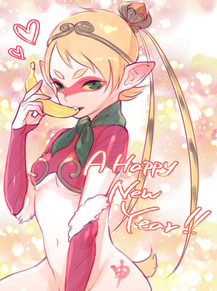 1girl absurdres banana blonde_hair bodysuit breasts chinese_zodiac circlet colored_sclera covered_navel fang food fruit fur_trim green_eyes green_neckerchief hand_up happy_new_year heart highres holding holding_food holding_fruit monkey_tail neckerchief new_year open_mouth original pointy_ears puchiman short_hair short_tail small_breasts solo tail teeth white_bodysuit year_of_the_monkey yellow_sclera yellow_tail