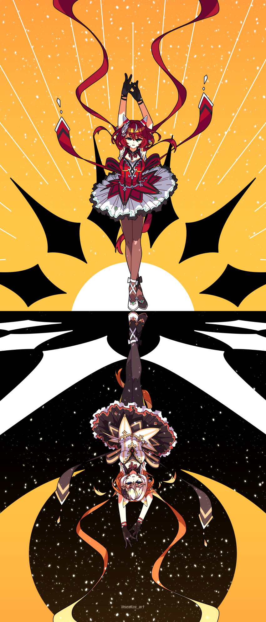 2girls absurdres ahoge animal_ears armor arms_up ascot asymmetrical_footwear bare_shoulders black_ascot black_footwear black_gloves black_pantyhose blue_eyes blush bow breasts cape chain cleavage commentary_request dress ear_covers ear_ornament ear_ribbon epaulettes eyes_visible_through_hair feather_hair_ornament feathers floating_hair forehead full_body gem gloves gold_chain green_eyes hair_intakes hair_ornament hair_over_one_eye highres horse_ears horse_girl horse_tail jacket jewelry long_hair long_sleeves low_twintails medium_breasts mismatched_footwear multicolored_hair multiple_girls open_mouth orange_hair orfevre_(umamusume) outstretched_arms pantyhose parted_bangs parted_lips red_hair scalizo shoes signature single_ear_cover small_breasts star_(symbol) tail twintails twitter_username two-tone_hair umamusume very_long_hair white_background white_footwear white_hair white_jacket win_variation_(umamusume)