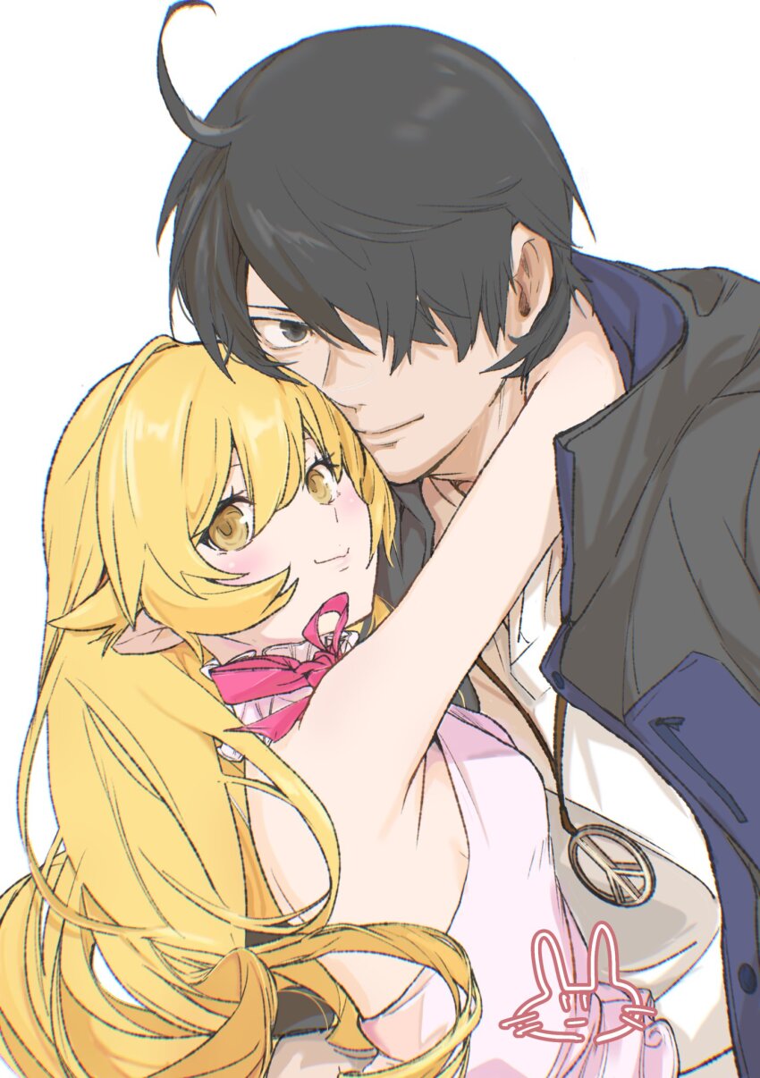 1boy 1girl ahoge araragi_koyomi arms_around_neck black_hair blonde_hair breasts dress grey_eyes hair_over_one_eye hug jacket jewelry long_hair looking_at_viewer monogatari_(series) necklace oshino_shinobu peace_symbol pointy_ears small_breasts usa003uni yellow_eyes