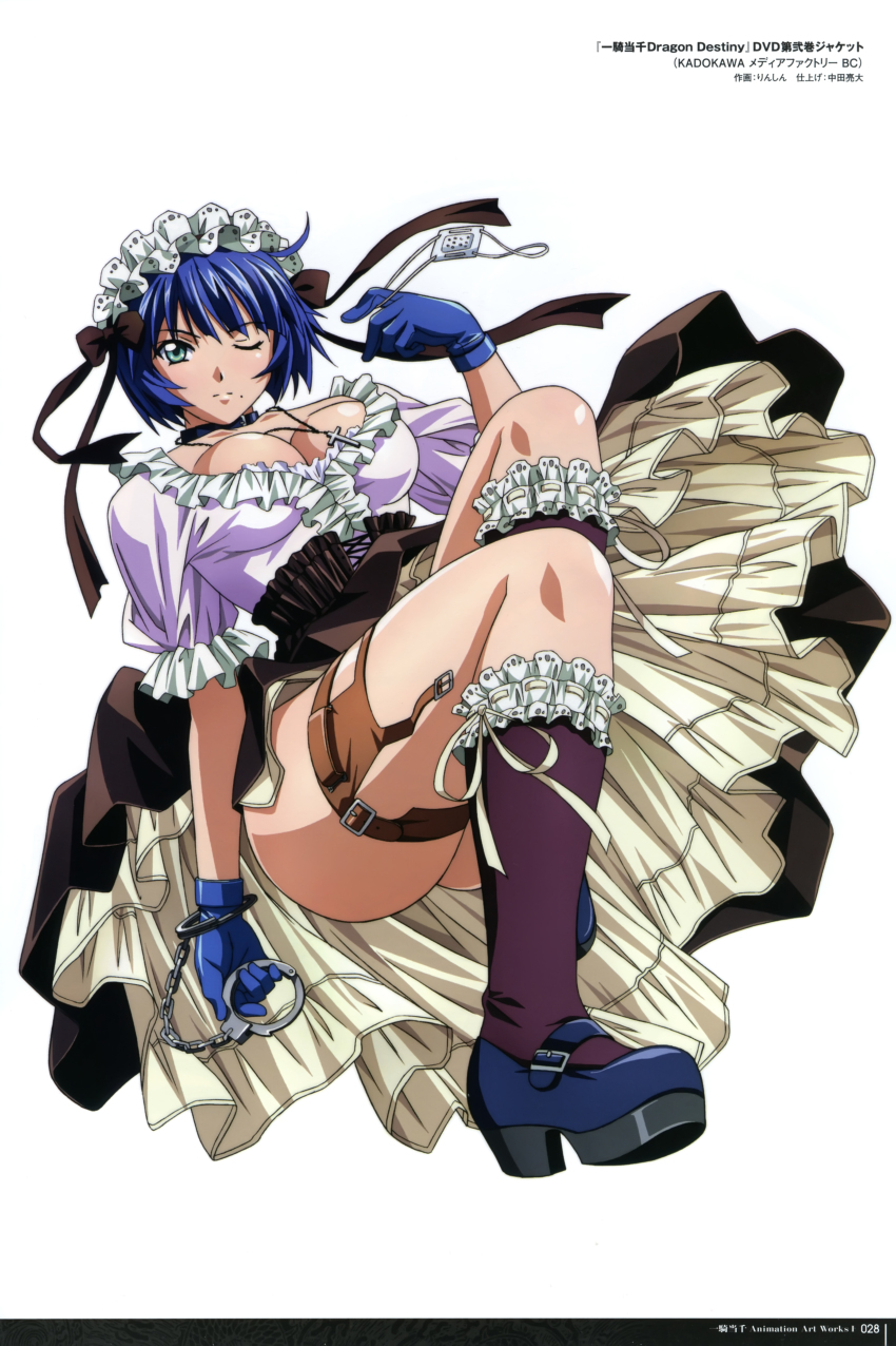 1girl absurdres black_ribbon blue_gloves blue_hair breasts cleavage collar copyright_name cross cross_necklace cuffs dress eyepatch female_focus full_body gloves green_eyes handcuffs headdress high_heels highres holding ikkitousen jewelry large_breasts looking_at_viewer lying mary_janes medical_eyepatch mole mole_under_eye mole_under_mouth necklace on_back one_eye_closed platform_shoes ribbon rin-sin ryomou_shimei shoes short_hair solo unworn_eyepatch