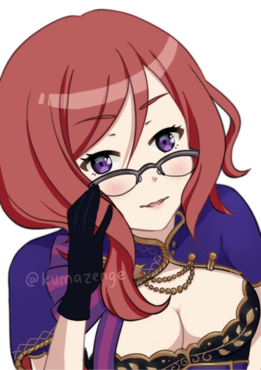 1girl absurdres adjusting_eyewear artist_name black_gloves blush breasts cleavage glasses gloves hair_between_eyes highres kumazenge looking_at_viewer love_live! love_live!_school_idol_project medium_breasts nishikino_maki official_alternate_costume open_mouth purple_eyes purple_ribbon red_hair ribbon short_hair smile solo twitter_username undefined white_background
