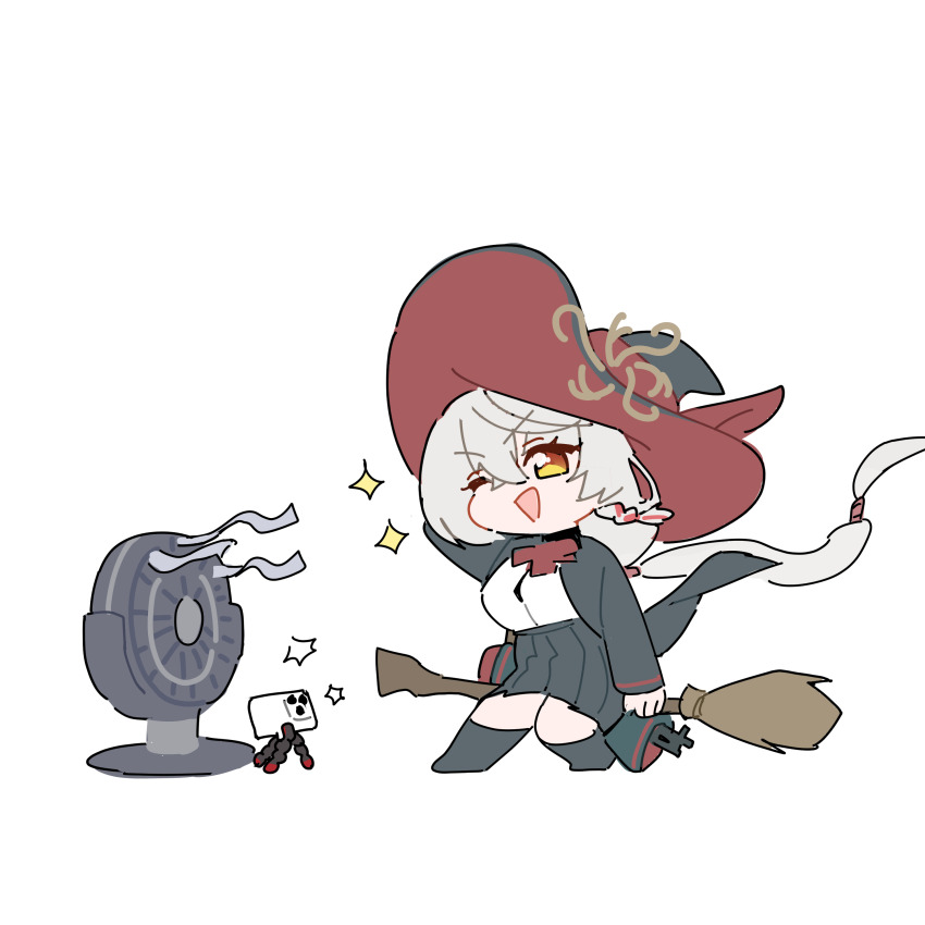 absurdres blue_archive bow bowtie braid broom broom_riding broomstick cellphone chibi eri_(blue_archive) fan gun halo hat highres jacket long_coat long_hair one_eye_closed panties phone shirt skirt smartphone sweater underwear weapon white_hair witch_hat