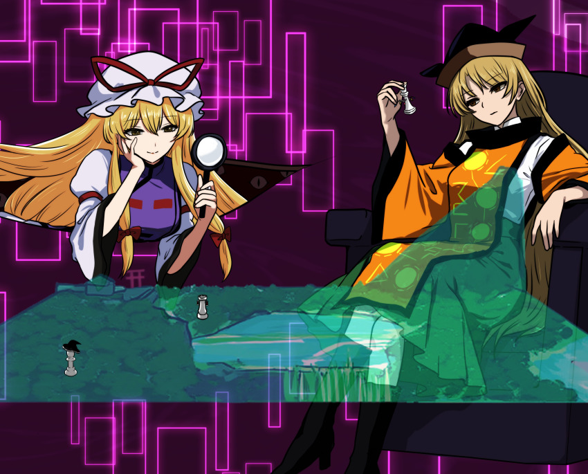2girls absurdres blonde_hair bow breasts chess_piece closed_mouth commentary_request constellation_print detached_sleeves dress flandre_scarlet gap_(touhou) green_skirt hair_between_eyes hair_bow hair_tubes hakurei_reimu hand_on_own_cheek hand_on_own_face hat hat_ribbon high_heels highres holding holding_chess_piece holding_magnifying_glass kirisame_marisa long_hair long_sleeves magnifying_glass matara_okina mob_cap monadmandara multiple_girls objectification orange_sleeves orange_tabard purple_tabard red_bow red_ribbon ribbon sitting skirt smile sun_print tabard touhou very_long_hair white_dress white_hat wide_sleeves wings yakumo_yukari
