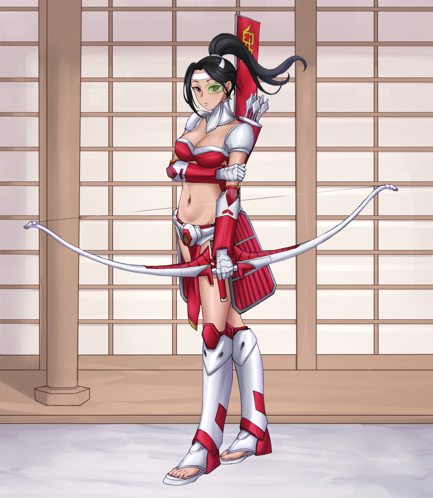 1girl absurdres arm_under_breasts armor armored_legwear arrow_(projectile) bad_id bad_pixiv_id banner bikini_armor black_eyes black_hair bow_(weapon) breasts character_request chinese_commentary cleavage closed_mouth collarbone command_&amp;_conquer command_&amp;_conquer:_red_alert command_&amp;_conquer:_red_alert_3 commentary_request full_body gauntlets green-tinted_eyewear groin headband highres holding holding_bow_(weapon) holding_weapon japanese_armor kusazuri long_hair looking_at_viewer medium_breasts midriff navel outdoors parted_bangs pelvic_curtain pillar ponytail quiver red_alert_3 red_armor sandals sashimono scouter shadow shoulder_armor solo standing tinted_eyewear visor_(armor) weapon white_headband white_legwear yeklsa