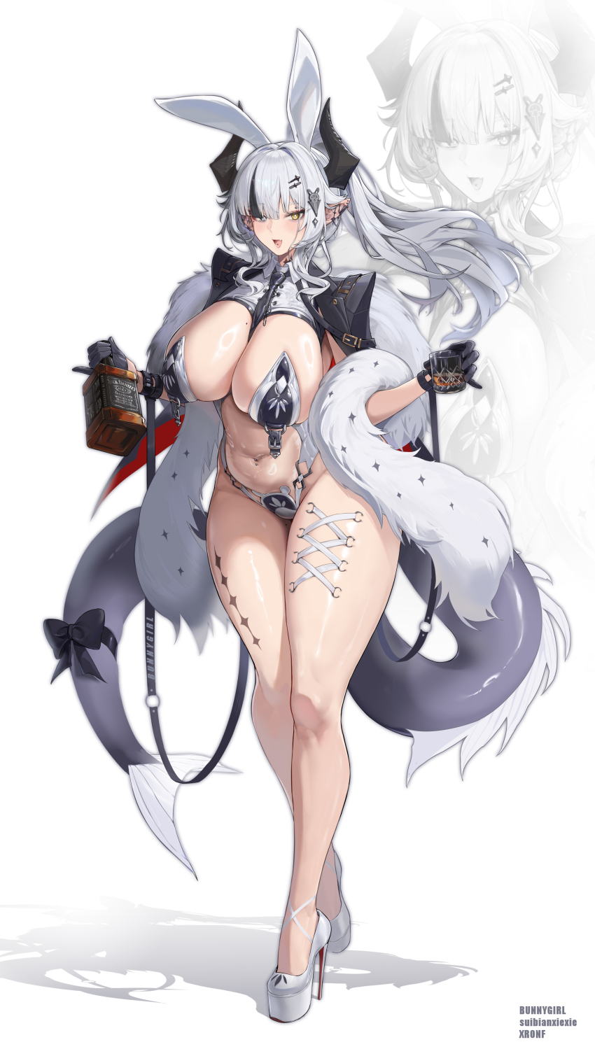 1girl absurdres animal_ears black_hair black_horns blue_eyes bottle breasts cleavage commentary cup drinking_glass fake_animal_ears five-core_fish_(xronf) full_body grey_hair heterochromia highres holding holding_bottle holding_cup horns large_breasts looking_at_viewer mole mole_on_breast multicolored_hair navel open_mouth original playboy_bunny rabbit_ears shadow shoes simple_background smile solo standing streaked_hair tail thighs white_background white_shoes yellow_eyes zoom_layer