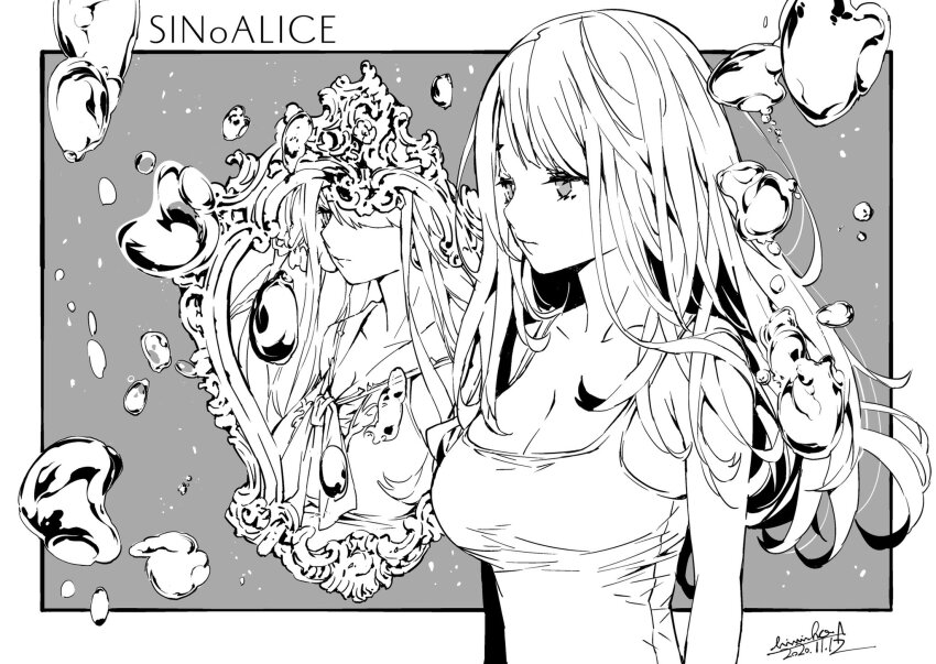 1girl arms_at_sides breasts bubble camisole cleavage closed_mouth copyright_name dated expressionless greyscale highres himiko_(326ontheweb) large_breasts long_hair looking_ahead mirror monochrome neckerchief ningyo_hime_(sinoalice) reality_arc_(sinoalice) reflection sailor_collar signature sinoalice solo