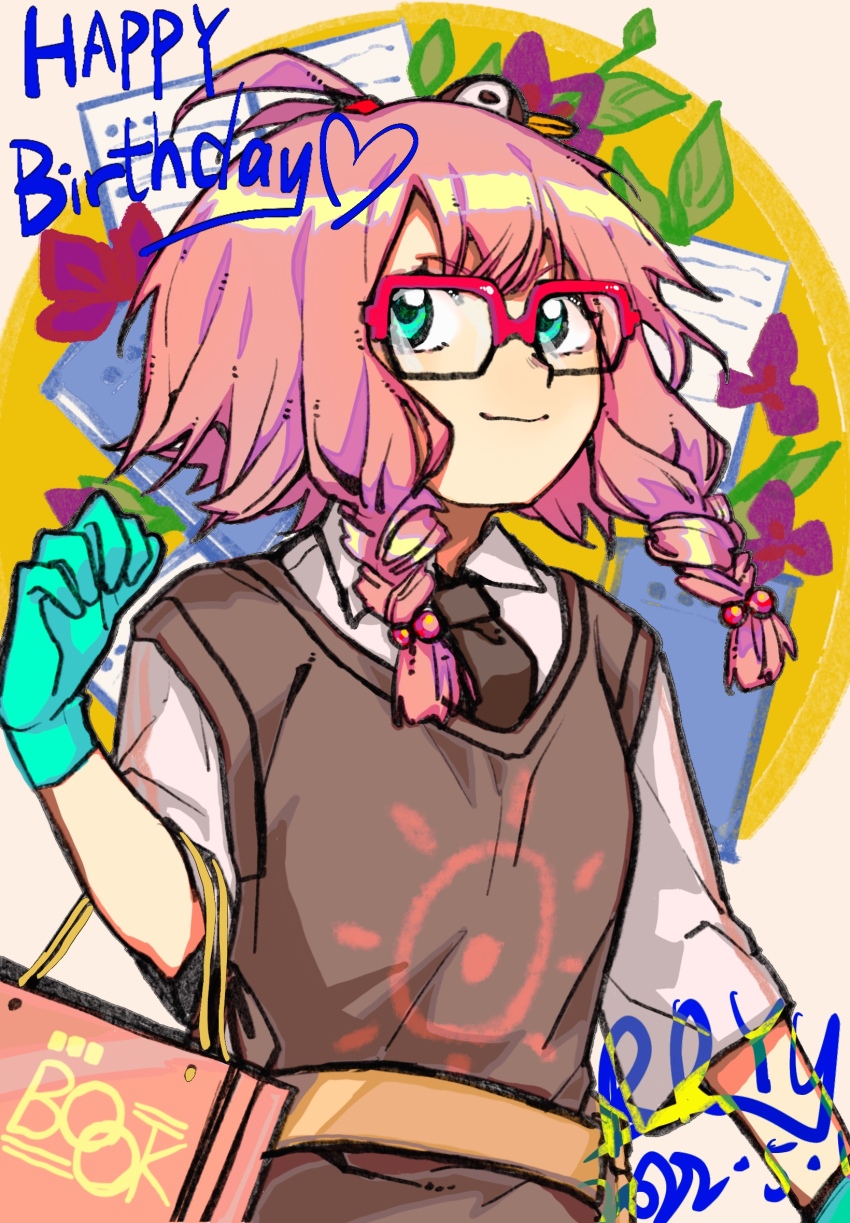 1girl arknights artist_name bag black_necktie braid dated glasses gloves green_eyes green_gloves happy_birthday hat heart highres looking_at_viewer may_(arknights) necktie penguin_hat pink_hair red-framed_eyewear rryy semi-rimless_eyewear shirt shopping_bag short_hair_with_long_locks solo twin_braids vest white_shirt