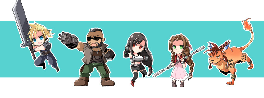 2girls 3boys aerith_gainsborough animal aqua_background aqua_eyes armor bangle bare_shoulders barret_wallace beads beard belt black_bra black_hair black_skirt black_thighhighs blonde_hair blue_pants body_markings boots border bra bracelet braid braided_ponytail brown_belt brown_footwear brown_hair brown_vest buster_sword chibi choker clenched_hands cloud_strife crop_top cropped_jacket dog_tags dress earrings facial_hair facial_mark feather_hair_ornament feathers fighting_stance final_fantasy final_fantasy_vii final_fantasy_vii_remake fingerless_gloves flame-tipped_tail furrowed_brow gloves green_eyes green_pants hair_beads hair_ornament hair_ribbon hair_tie highres holding holding_staff holding_sword holding_weapon jacket jewelry long_dress long_hair low-tied_long_hair midriff miniskirt multiple_boys multiple_girls nanao_(zonzonsh) navel orange_fur pants parted_bangs pauldrons pink_dress pink_ribbon prosthetic_weapon red_eyes red_footwear red_hair red_jacket red_xiii ribbon ribbon_choker scar scar_across_eye scar_on_face shirt short_hair shoulder_armor sidelocks single_braid single_pauldron skirt sleeveless sleeveless_shirt sleeveless_turtleneck spiked_hair staff sunglasses suspenders sword thighhighs tifa_lockhart torn_clothes torn_sleeves turtleneck underwear very_short_hair vest weapon white_border