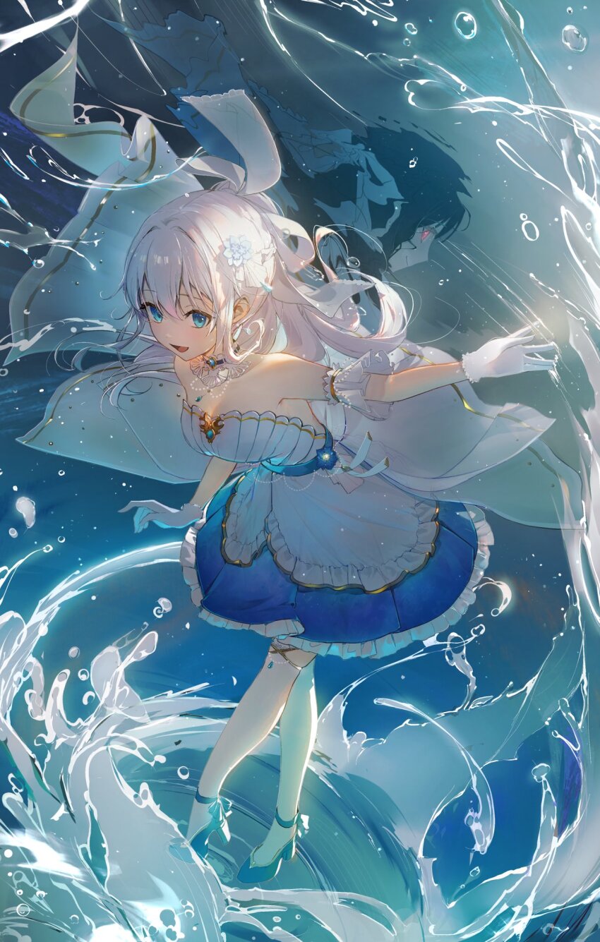 2girls :d arm_cuffs bare_shoulders black_hair blue_dress blue_eyes blue_footwear breasts commission different_reflection downscaled dress dual_persona flower frilled_dress frills full_body gloves hair_between_eyes hair_flower hair_ornament hand_up high_heels highres indie_virtual_youtuber kamatoyu large_breasts leaning_forward long_hair looking_at_viewer medium_dress multiple_girls nagino_mashiro nagino_mashiro_(2nd_costume) official_alternate_costume open_mouth pink_eyes pumps reflection resized second-party_source skeb_commission smile strapless strapless_dress virtual_youtuber water white_flower white_gloves