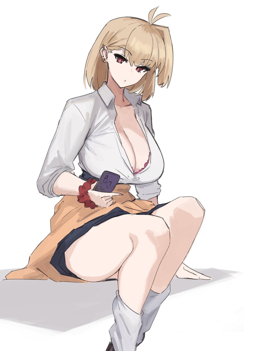1girl ahoge antenna_hair arcueid_brunestud blonde_hair breasts cleavage clothes_around_waist ear_piercing earrings fake_nails gyaru highres holding holding_phone jewelry jonyeld kogal large_breasts long_sleeves looking_at_viewer loose_socks phone piercing pink_nails red_eyes scrunchie short_hair skirt socks solo sweater sweater_around_waist tsukihime wrist_scrunchie