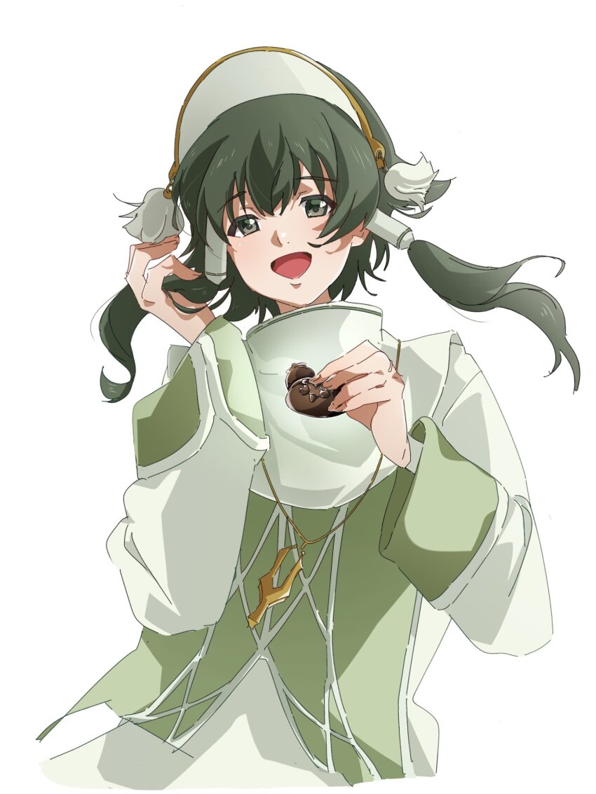 1boy :d black_eyes black_hair chocolate commentary_request food gold_necklace highres holding holding_chocolate holding_food iai7777777 ion_(tales) jewelry looking_at_viewer male_focus mieu_(tales) necklace open_mouth simple_background smile solo tales_of_(series) tales_of_the_abyss trap twintails white_background