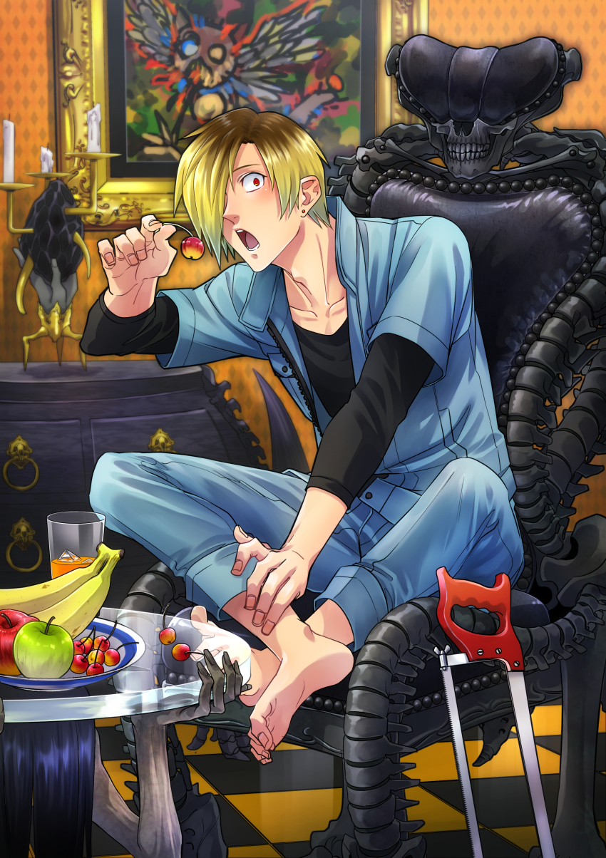 1boy absurdres apple banana barefoot black_shirt blonde_hair blue_jumpsuit cabinet candle candlestand chair checkered_floor cherry collarbone earrings eating fingernails food fruit glass_table green_apple hacksaw highres holding holding_food holding_fruit jewelry juice jumpsuit male_focus open_mouth orange_juice original apple red_eyes saw shirt short_hair sitting solo table tanotsuku_daisuke teeth wallpaper_(object)