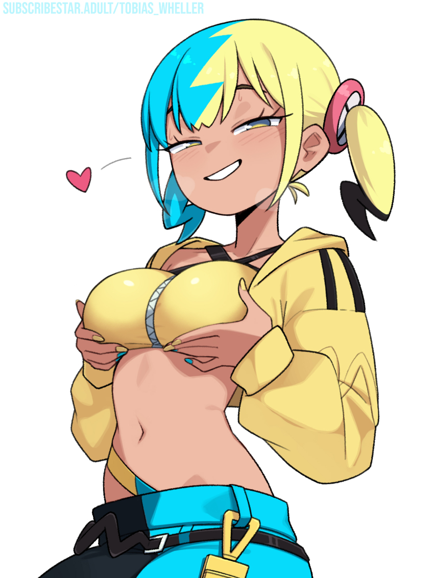 1girl bandeau black_hair black_mask black_pants blonde_hair blue_hair blue_nails blue_pants blush breast_lift breasts canari_(pokemon) commentary criss-cross_halter english_commentary halterneck heart highres jacket long_sleeves looking_at_viewer medium_breasts multicolored_hair multicolored_nails nail_polish navel nintendo pants pokemon pokemon_legends:_z-a short_twintails simple_background solo tan tobias_wheller twintails two-tone_pants white_background yellow_bandeau yellow_jacket yellow_nails