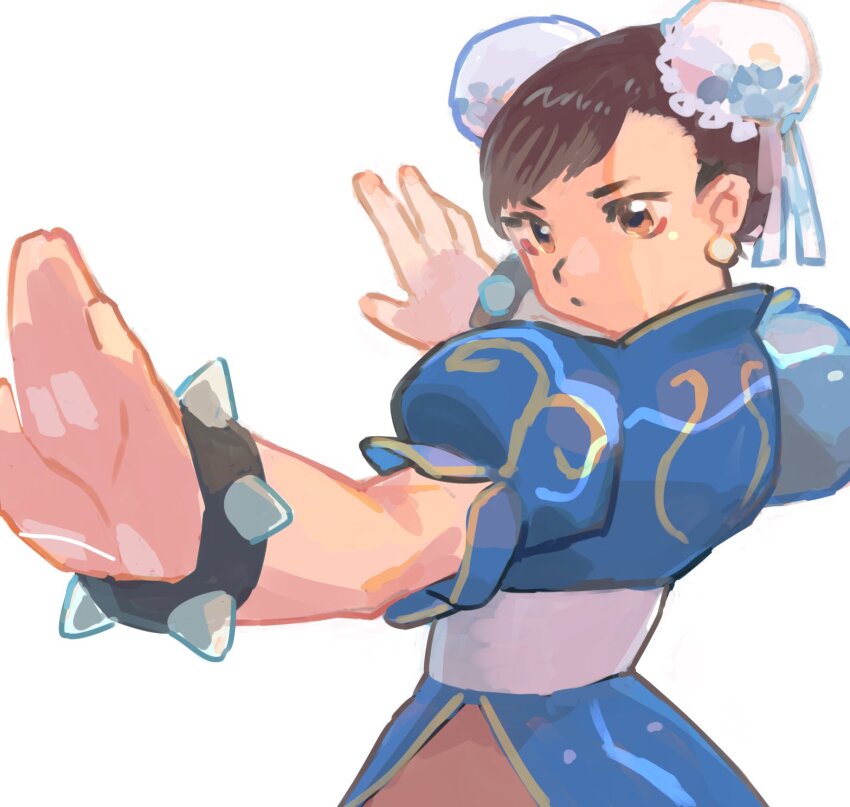 1girl blue_dress bracelet brown_eyes brown_hair bun_cover capcom china_dress chinese_clothes chun-li double_bun dress earrings eyeliner gan2 hair_bun highres jewelry makeup pearl_earrings puffy_short_sleeves puffy_sleeves red_eyeliner short_hair short_sleeves simple_background solo spiked_bracelet spikes street_fighter white_background