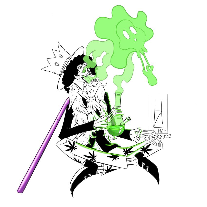 1boy 2022 absurdres afro artist_name ascot black_hair bong brook_(one_piece) commentary crossed_legs crown_hat english_commentary eyewear_on_head frilled_sleeves frills full_body ghost greyscale_with_colored_background hat heart heart-shaped_eyewear highres holding holding_bong hz19art long_sleeves male_focus one_piece open_mouth signature sitting skeleton solo stoned sunglasses teeth weapon