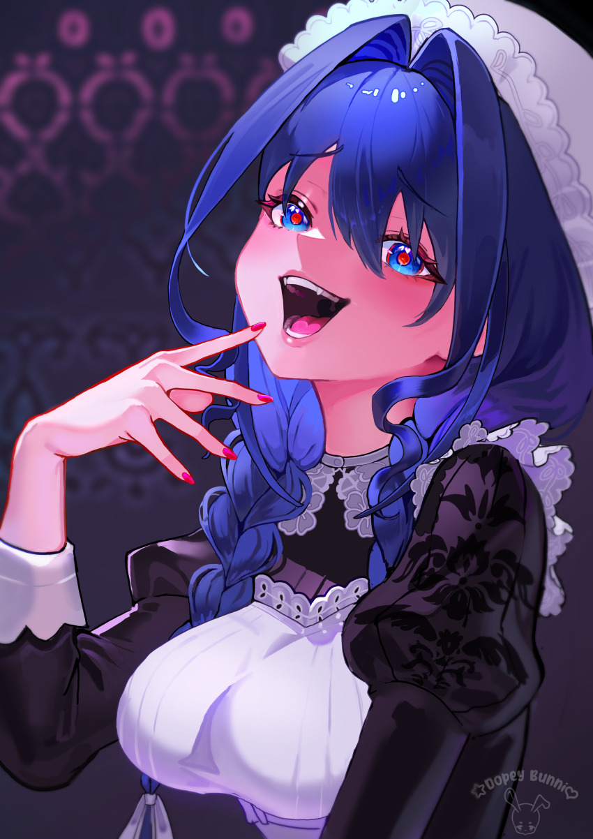 1girl absurdres apron black_dress blue_eyes blue_hair braid breasts commentary dopeybunni dress hair_intakes hat highres hololive hololive_english long_hair low_twin_braids maid_apron mob_cap official_alternate_costume official_alternate_hairstyle open_mouth ouro_kronii ouro_kronii_(maid) red_pupils revision solo teeth twin_braids virtual_youtuber white_apron yandere