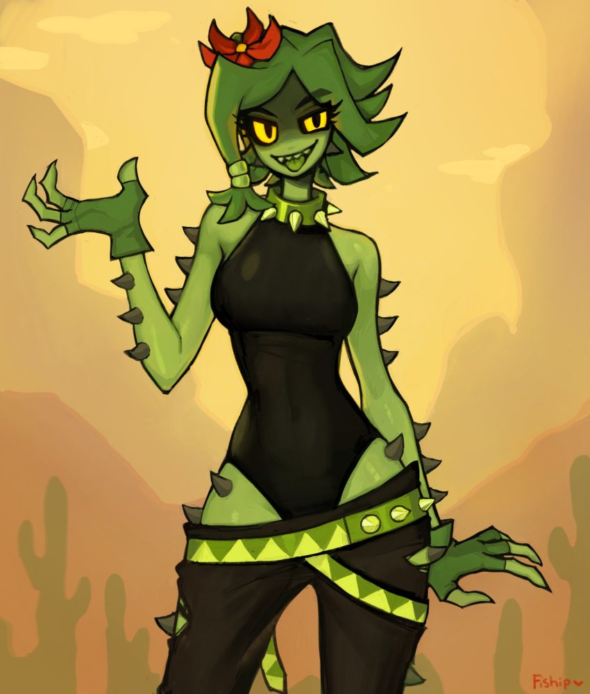 1girl belt black_leotard black_pants black_sclera breasts colored_sclera colored_skin colored_tongue contrapposto cowboy_shot fewer_digits fingerless_gloves flower gloves green_belt green_gloves green_hair green_skin green_tongue hair_flower hair_ornament hand_up highres leotard looking_at_viewer matilda_fiship medium_breasts medium_hair monster_girl orange_background original pants plant_girl signature smile solo spiked_belt spikes tongue tongue_out yellow_eyes