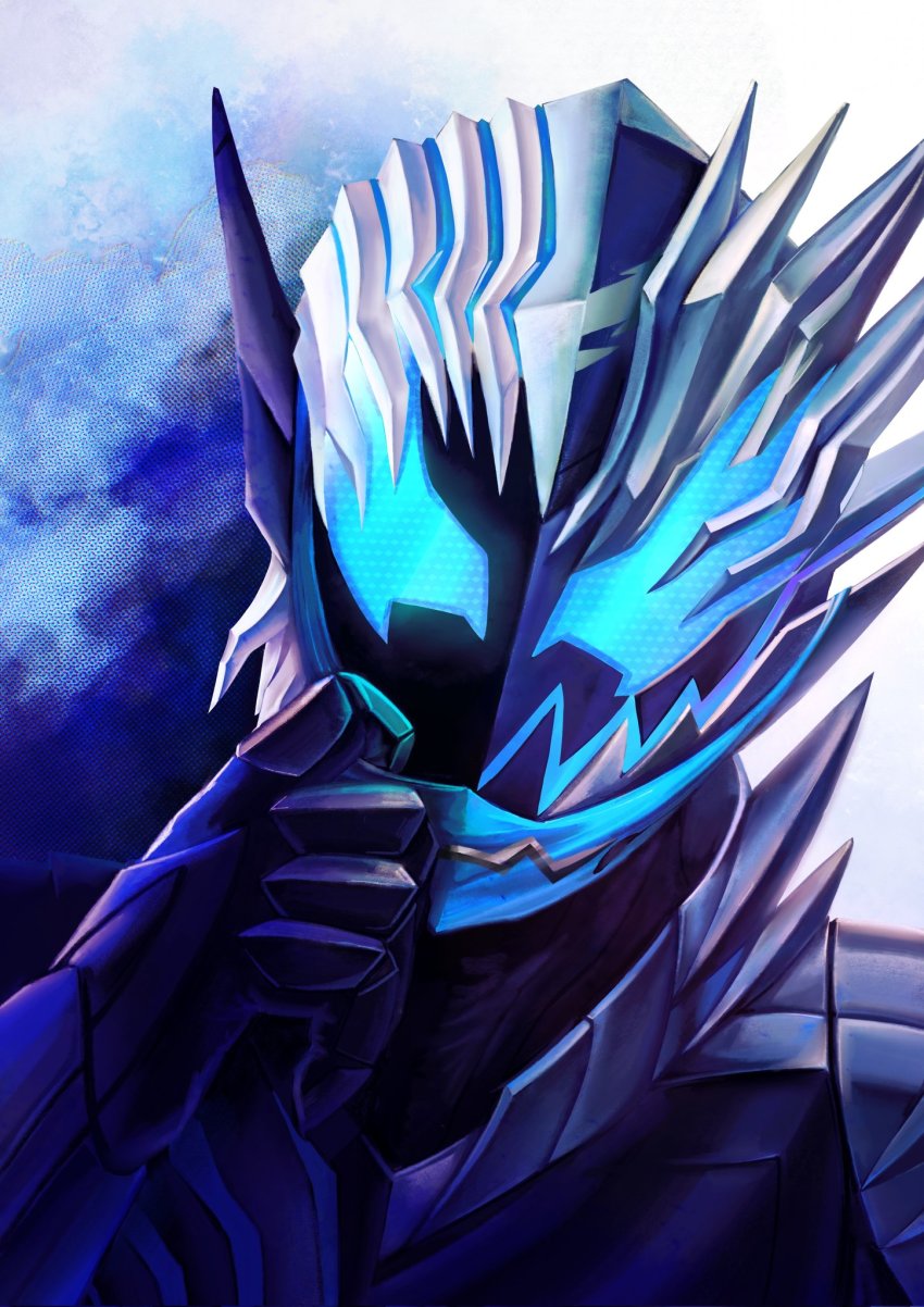 1boy armor asymmetry black_armor compound_eyes demon demon_boy dx_tyogosui highres kamen_rider kamen_rider_jack_revice kamen_rider_revi kamen_rider_revice mask pointy_ears removing_mask spiked_armor split two-tone_background vice_(kamen_rider_revice)