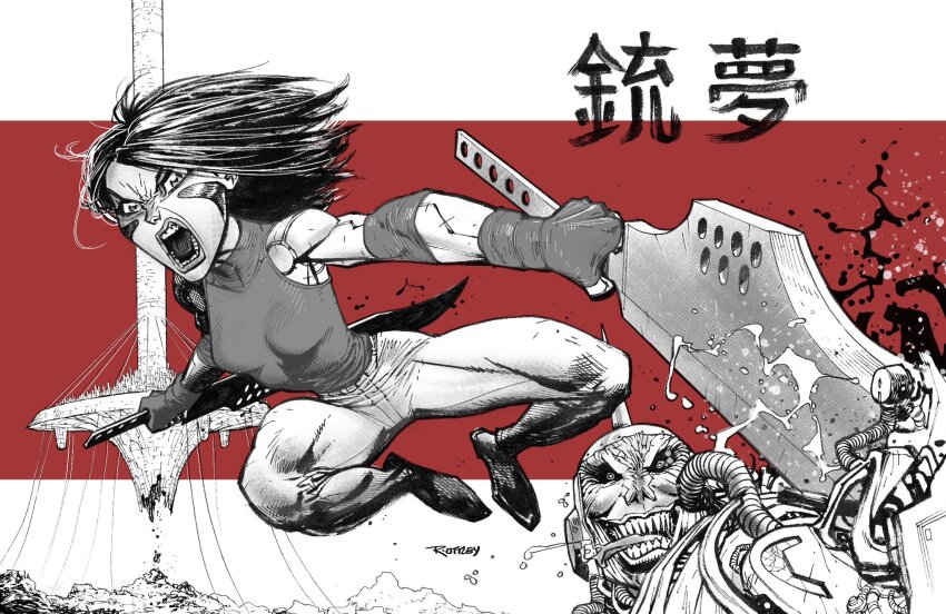 1boy 1girl alita battle_angel_alita breasts commentary copyright_name cyborg dual_wielding english_commentary exposed_internal_machinery fingerless_gloves gloves highres holding holding_sword holding_weapon open_mouth pants reverse_grip ryan_ottley sharp_teeth signature small_breasts sword teeth tongue tongue_out weapon