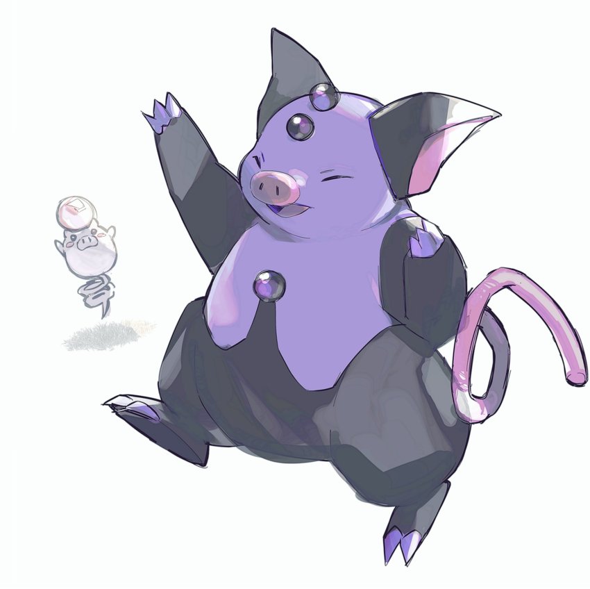 :d animal_focus claws closed_eyes gen_3_pokemon grumpig highres i_g1ax leg_up nintendo no_humans open_mouth pokemon pokemon_(creature) smile spoink tongue white_background