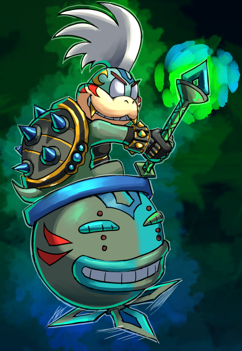 alternate_color alternate_costume alternate_eye_color alternate_hair_color alternate_weapon aura blue_eyes blue_gemstone commentary company_connection corruption crescent dark_persona english_commentary evil_grin evil_smile fierce_deity fingerless_gloves floating gem gloves glowing glowing_weapon gold_teeth green_eyes grin hal_laboratory highres holding holding_wand holding_weapon junior_clown_car koopa_clown_car larry_koopa mario_(series) medium_hair mismatched_sclera nintendo no_pupils ponytail possessed possession sharp_teeth smile spiked_shell spikes stoic_seraphim super_mario_bros._3 super_smash_bros. tail teeth the_legend_of_zelda the_legend_of_zelda:_majora&#039;s_mask wand weapon white_eyes white_hair