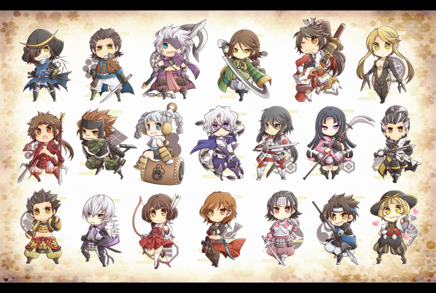 5girls 6+boys :d amago_haruhisa_(sengoku_basara) aqua_eyes armor azai_nagamasa_(sengoku_basara) black_bodysuit black_hair blonde_hair blue_hair blunt_bangs blunt_ends bodysuit bow_(weapon) braid brown_coat brown_eyes brown_hair chibi chibi_only chousokabe_motochika_(sengoku_basara) coat crossed_arms date_masamune_(sengoku_basara) dual_wielding everyone facial_hair forehead_protector frown green_eyes grey_hair grin hammer helmet highres holding holding_bow_(weapon) holding_polearm holding_shuriken holding_sword holding_weapon ishida_mitsunari_(sengoku_basara) itsuki_(sengoku_basara) japanese_armor kabuto_(helmet) kasuga_(sengoku_basara) katakura_kojuurou_(sengoku_basara) katana kunai leg_up letterboxed light_blue_hair long_hair looking_at_viewer low_ponytail maeda_keiji_(sengoku_basara) male_focus matsunaga_hisahide_(sengoku_basara) medium_hair midriff mouri_motonari_(sengoku_basara) multicolored_hair multiple_boys multiple_girls navel no_headwear oichi_(sengoku_basara) one_eye_closed open_mouth orange_eyes otomo_sorin_(sengoku_basara) pink_eyes plunging_neckline polearm ponytail purple_eyes saika_magoichi_(sengoku_basara) sanada_yukimura_(sengoku_basara) sarutobi_sasuke_(sengoku_basara) sengoku_basara short_hair short_hair_with_long_locks shuriken smile spear streaked_hair sword takenaka_hanbee_(sengoku_basara) tokiazu tokugawa_ieyasu_(sengoku_basara) tsuruhime_(sengoku_basara) twin_braids utsunomiya_hirotsuna_(sengoku_basara) weapon white_hair yellow_eyes