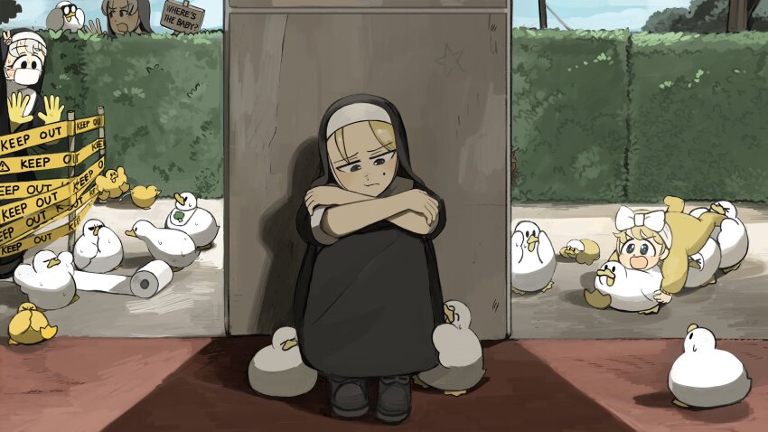 4girls aged_down baby baby_animal binoculars bird black_eyes blonde_hair blue_eyes bunny_nun_(diva) caution_tape chicken clumsy_nun_(diva) commentary diva_(hyxpk) duck duckling english_commentary gloves grey_hair habit hair_ornament hedge highres keep_out little_nuns_(diva) mask mole mole_on_cheek mouth_mask multiple_girls nun rabbit_hair_ornament rubber_gloves sad self_hug sitting slice_of_life smug_nun_(diva) strict_nun_(diva) sweat traditional_nun yellow_gloves