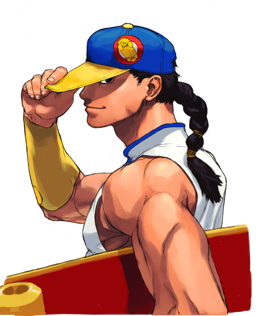 1boy bare_shoulders baseball_cap black_hair braid bridal_gauntlets chinese_clothes hat highres ikeno_daigo long_hair male_focus multicolored_hat muscular official_art portrait single_braid skateboard sleeveless solo street_fighter street_fighter_iii_(series) upper_body white_background yun_lee