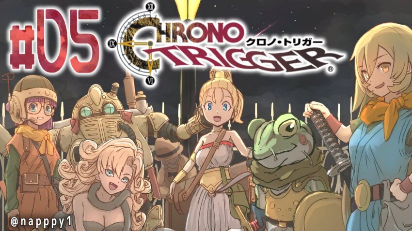 ayla_(chrono_trigger) blonde_hair blue_eyes breasts chrono_trigger cleavage closed_mouth cosplay crono_(chrono_trigger) fang frog_(chrono_trigger) gaspar_(chrono_trigger) glasses hair_between_eyes helmet jewelry long_hair looking_at_viewer lucca_ashtear marle_(chrono_trigger) multiple_boys multiple_girls na_(zooncopter) nijisanji nui_sociere open_mouth purple_hair robo_(chrono_trigger) robot scarf second-party_source short_hair skin_fang smile sword very_long_hair virtual_youtuber weapon yellow_eyes