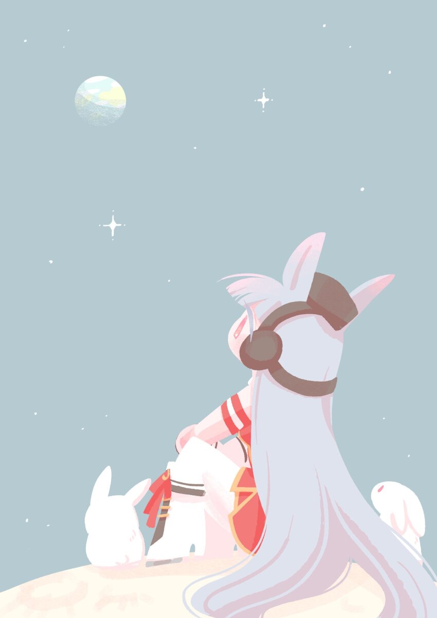 1girl animal_ears boots earth_(planet) engawa_(engawagorigori) from_behind gold_ship_(umamusume) grey_hair highres horse_ears knee_boots long_hair looking_away moon pantyhose pink_eyes planet rabbit sitting solo umamusume very_long_hair white_boots white_pantyhose