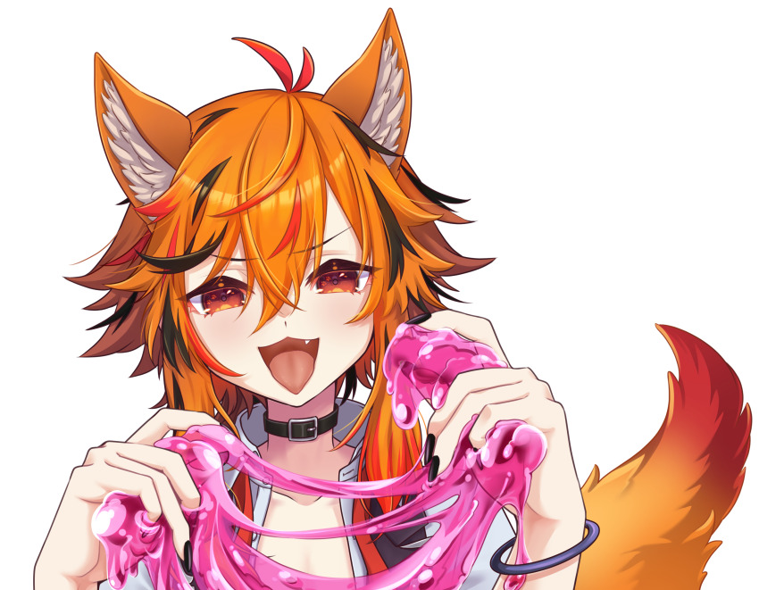 1girl animal_ears belt belt_collar black_belt black_hair black_nails black_vest collar collarbone fang fingernails fox_ears fox_girl fox_tail hair_between_eyes highres kazami_kuku kemonomimi_mode large_variant_set long_bangs long_hair looking_at_viewer multicolored_hair nail_polish nanashi_inc. open_clothes open_shirt open_vest orange_eyes orange_hair red_hair reona_kfc02 shirt simple_background slime_(substance) smile solo tail tongue tongue_out transparent_background upper_body v-shaped_eyebrows variant_set vest virtual_youtuber white_shirt