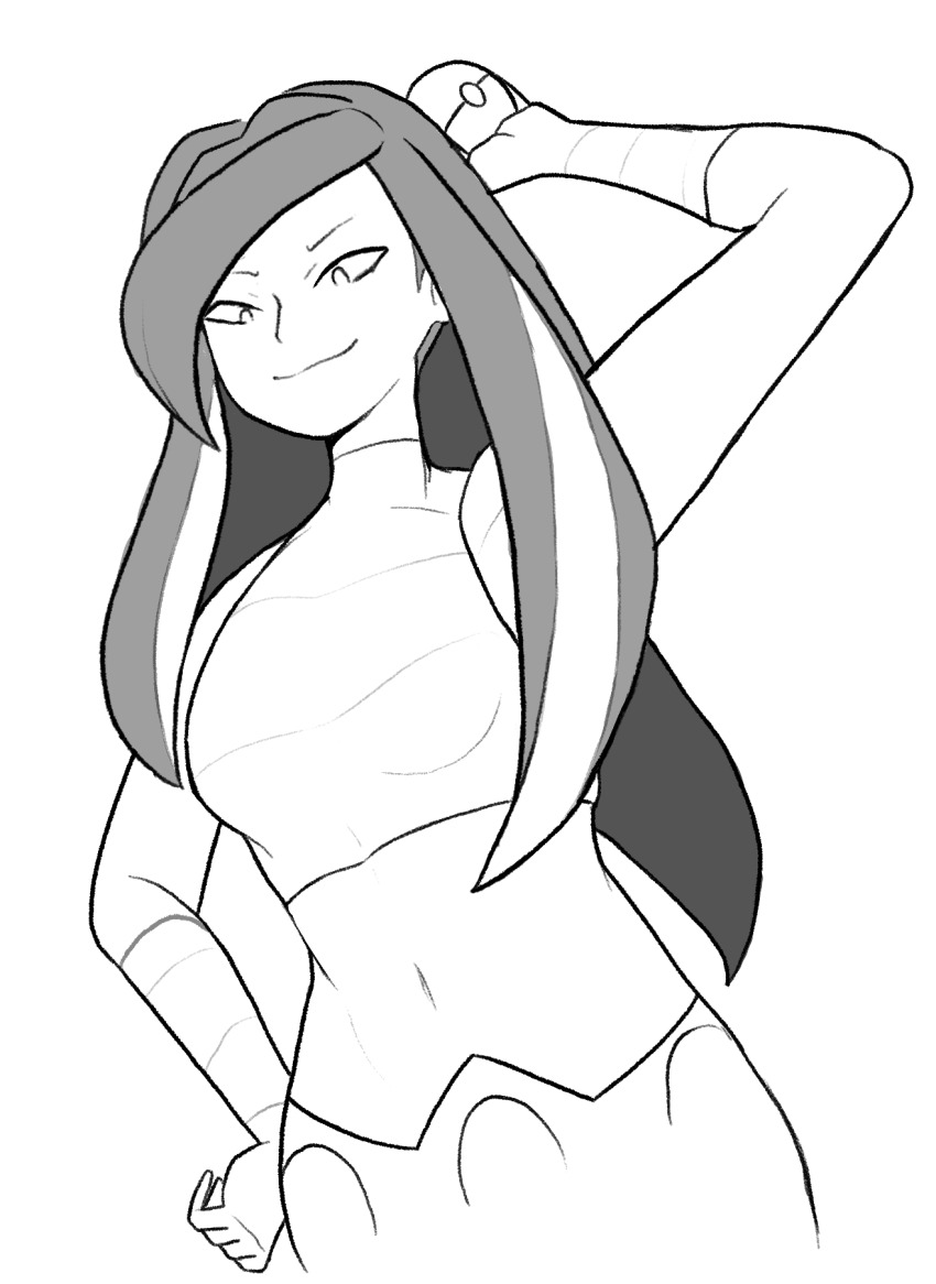 1girl belt crop_top drawfag frontier_brain gloves highres holding holding_poke_ball long_hair lucy_(pokemon) monochrome multicolored_hair navel nintendo poke_ball pokemon pokemon_emerald pokemon_rse simple_background sketch smirk solo