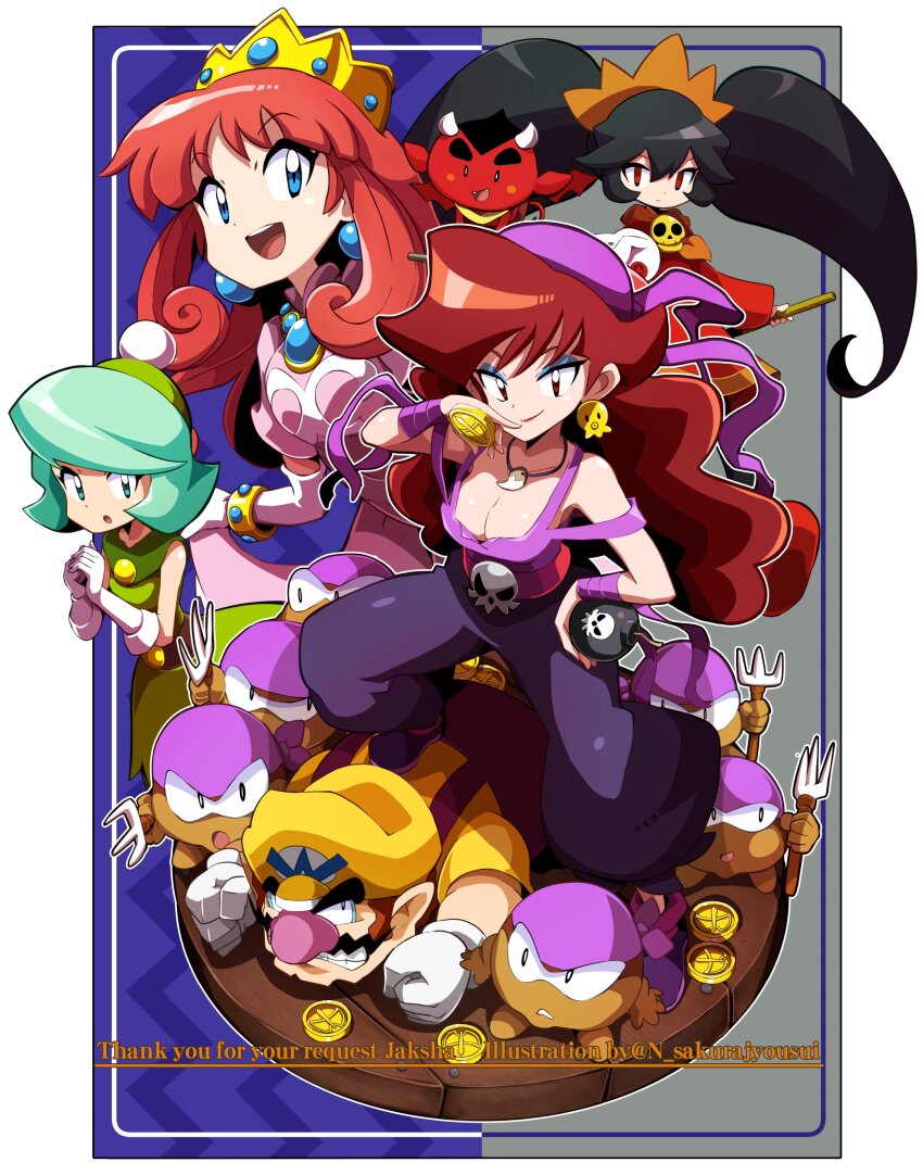 2boys 4girls absurdres ashley_(warioware) bandana big_hair big_nose black_hair blue_eyes blue_eyeshadow bomb breasts brown_hair captain_syrup cleavage coin crown curly_hair dress earrings elbow_gloves explosive eyeshadow facial_hair gloves gold_coin green_dress green_eyes green_hair hairband hat highres holding holding_bomb jewelry lipstick long_hair makeup multiple_boys multiple_girls mustache neckerchief nintendo octopus_earrings pink_dress pirate_goom pointy_ears princess_shokora purple_bandana queen_merelda red_(warioware) red_dress red_eyes red_hair red_lips sakurajyousui_nami short_hair skull smile stepped_on twintails wario wario_land wario_land:_shake_it! wario_land_4 wario_land_ii warioware white_gloves