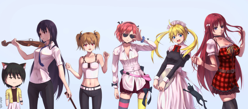 1boy 5girls :d absurdres adjusting_eyewear ahoge animal_ear_fluff animal_ears arms_at_sides asymmetrical_legwear bare_arms belt between_breasts black_bow black_cat black_hair black_pants black_shirt black_thighhighs blonde_hair blue_necktie blue_scrunchie blush bow bow_(music) breasts brown_hair cat cat_boy cat_ears chibi chibi_only cleavage clenched_hands collarbone commentary cosplay costume_switch cowboy_shot dress english_commentary everyone fang floating_hair frilled_dress frills grey_background grisaia_(series) grisaia_no_kajitsu hair_between_eyes hair_bow half_updo hand_up hands_up highres holding holding_bow_(music) holding_instrument holding_own_hair holding_violin instrument irisu_makina irisu_makina_(cosplay) jitome juliet_sleeves kazami_yuuji kazami_yuuji_(cosplay) kemonomimi_mode komine_sachi komine_sachi_(cosplay) large_breasts long_hair long_skirt long_sleeves looking_afar looking_at_viewer maid maid_headdress matsel_arts matsushima_michiru matsushima_michiru_(cosplay) medium_breasts miniskirt mismatched_legwear multiple_girls navel necktie necktie_between_breasts nyanmel open_mouth pants pink_hair plaid_clothes plaid_dress puffy_short_sleeves puffy_sleeves purple_eyes red_bow red_dress red_eyes red_skirt ribbon sakaki_yumiko sakaki_yumiko_(cosplay) scrunchie seductive_smile shirt short_hair short_sleeves side-by-side sidelocks simple_background skin_fang skindentation skirt sleeveless sleeveless_dress sleeveless_shirt small_breasts smile spaghetti_strap straight_hair striped_clothes striped_thighhighs sunglasses suou_amane suou_amane_(cosplay) thighhighs tsurime twintails two_side_up v_arms very_long_hair violin w_arms white_belt white_bow white_shirt white_skirt wrist_scrunchie yellow_ribbon yellow_thighhighs zettai_ryouiki