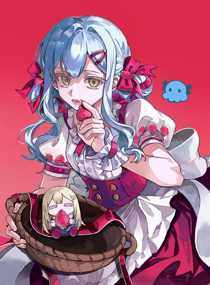 2girls :o =_= animalization apron back_bow bang_dream! bang_dream!_it&#039;s_mygo!!!!! basket blue_dress bow buttons center-flap_bangs center_frills chibi chinese_commentary closed_eyes collared_dress commentary_request corset covered_mouth cowboy_shot double-parted_bangs double_bun dress fingernails food food-themed_hair_ornament food_print frilled_dress frilled_wrist_cuffs frills fruit fruit_print gradient_background hair_bow hair_bun hair_ornament hair_ribbon hairclip hand_up highres holding holding_basket holding_food holding_fruit leaning_forward long_sidelocks looking_at_viewer medium_hair multiple_girls octopus official_alternate_costume official_alternate_hair_length official_alternate_hairstyle open_mouth print_dress puffy_short_sleeves puffy_sleeves red_background red_bow red_corset red_dress red_ribbon red_shoes red_wrist_cuffs ribbon shoes short_sleeves sidelocks strawberry strawberry_hair_ornament strawberry_print teeth togawa_sakiko tokinhr two-tone_dress two-tone_wrist_cuffs wakaba_mutsumi white_apron white_bow white_dress white_wrist_cuffs wrist_cuffs yellow_eyes