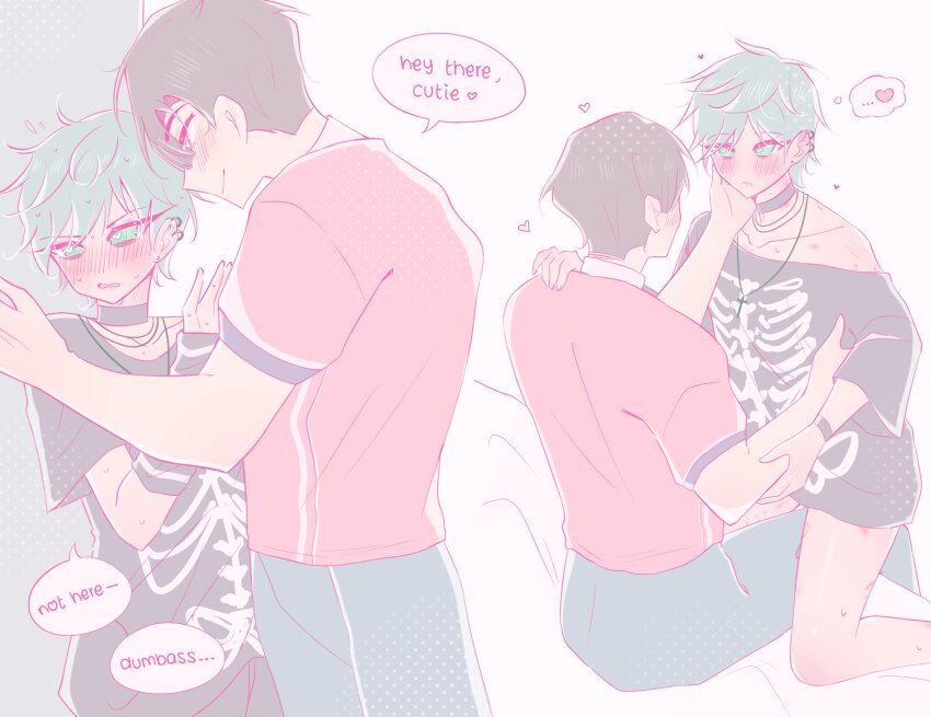... 2boys absurdres against_wall alien_stage arm_warmers black_arm_warmers black_choker black_hair black_shirt blue_pants blush bracelet choker closed_mouth collarbone cross cross_necklace ear_piercing earrings english_text green_eyes green_hair hand_on_another&#039;s_cheek hand_on_another&#039;s_face heart highres ivan_(alien_stage) jewelry multiple_boys necklace off-shoulder_shirt off_shoulder open_mouth pants piercing pinned print_shirt red_shirt rinrin_(wuvpyon) shirt short_hair simple_background single_arm_warmer sitting skeleton_print speech_bubble spoken_ellipsis spoken_heart striped_arm_warmers till_(alien_stage) white_background yaoi