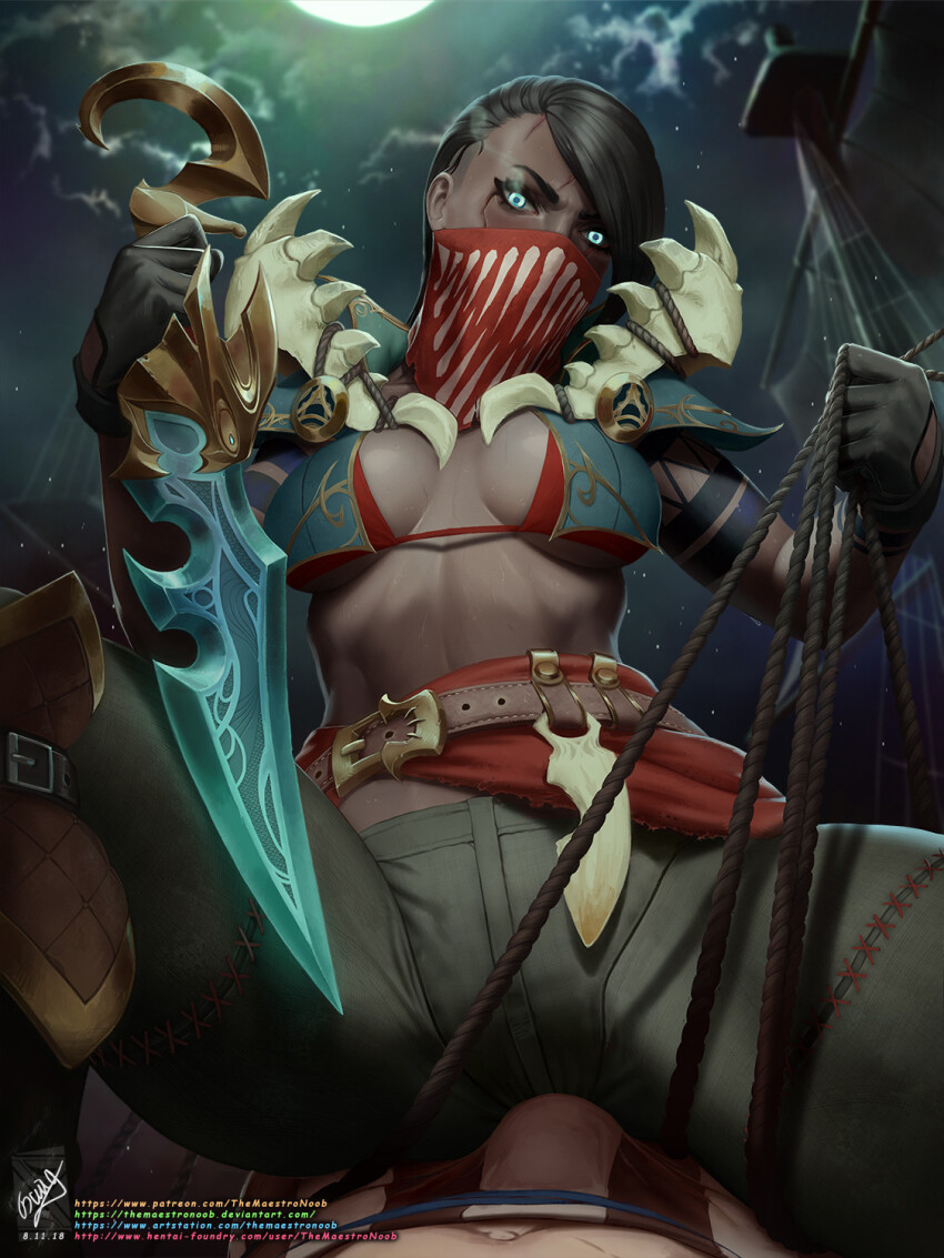 1boy 1girl belt black_gloves black_hair black_pants bone breasts brown_belt bulge dark-skinned_female dark_skin fingerless_gloves genderswap gloves glowing glowing_eyes green_eyes highres holding holding_knife knife large_breasts league_of_legends long_hair mask moon mouth_mask pants pyke_(league_of_legends) red_mask rope ship striped_clothes striped_pants themaestronoob watercraft
