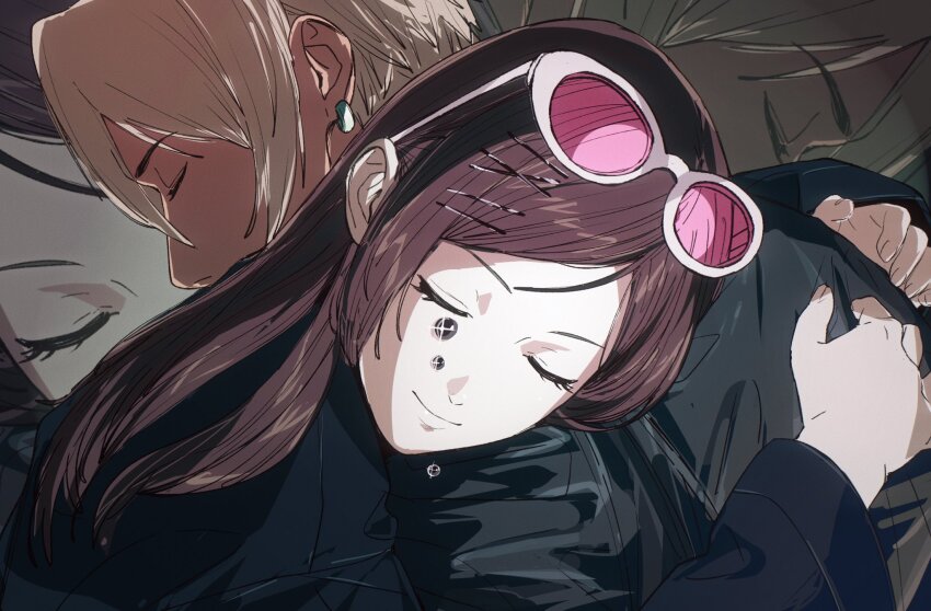 1boy 1girl ace_attorney aged_down alternate_hairstyle amikoiiko apollo_justice:_ace_attorney army_of_me bjork black_dougi black_jacket black_tears blonde_hair bomber_jacket brown_hair closed_eyes commentary cosplay derivative_work dougi earrings ema_skye english_commentary eyewear_on_head fingernails hair_ornament hairclip highres hug jacket jewelry klavier_gavin light_smile long_hair mismatched_eyebrows official_alternate_hairstyle parallel_hairclips pink-tinted_eyewear portrait profile screenshot_redraw single_earring sparkle sunglasses tears tinted_eyewear x_hair_ornament zoom_layer