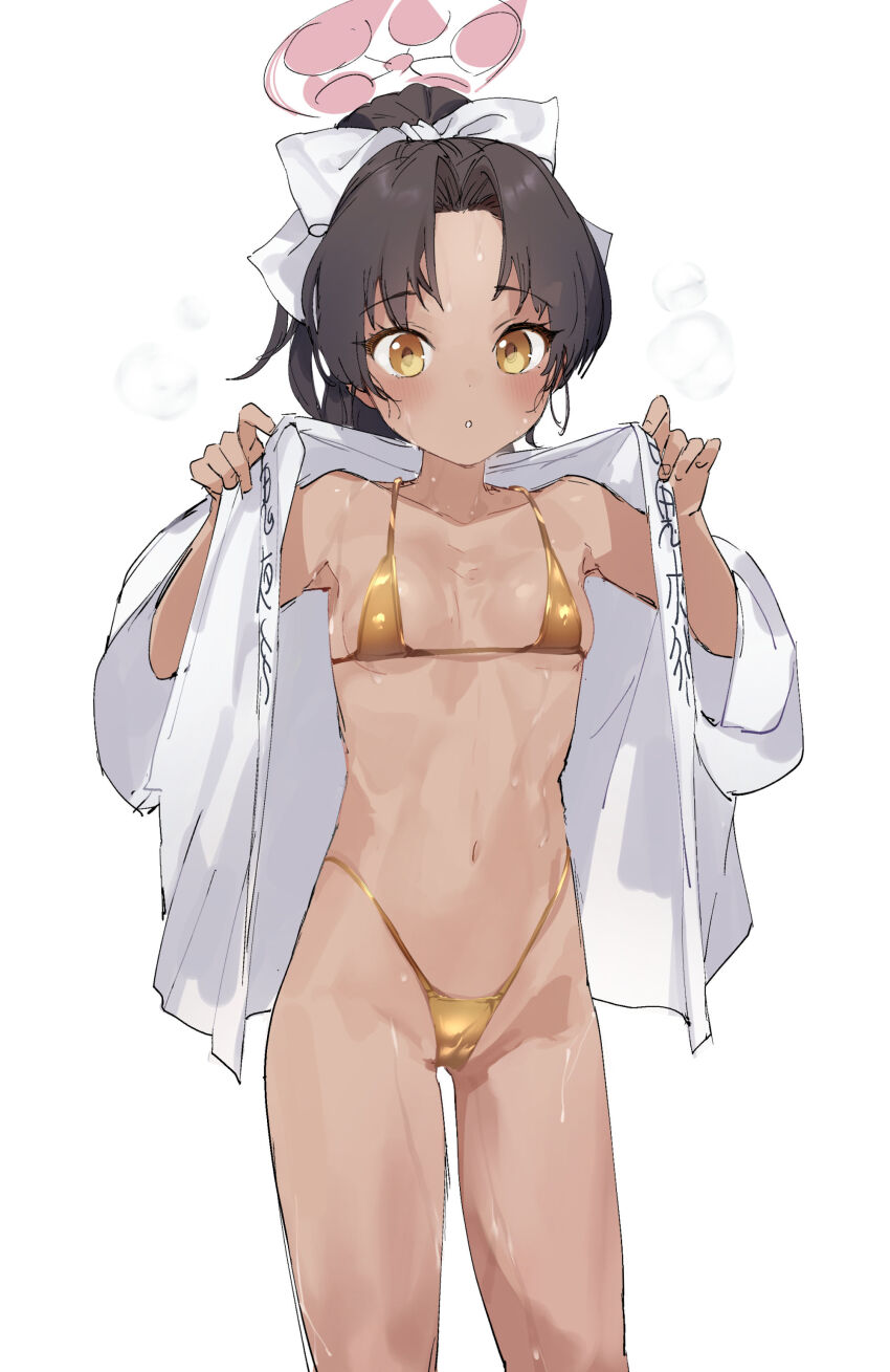 1girl absurdres bikini black_hair blue_archive blush bow breasts cowboy_shot dark-skinned_female dark_skin dot_nose eyelashes forehead gold_bikini hair_bow halo hands_up happi highleg highleg_bikini highres japanese_clothes long_sleeves looking_at_viewer micro_bikini navel parted_bangs ponytail red_halo rickshaw_student_(blue_archive) simple_background small_breasts solo standing string_bikini sweat swimsuit white_background white_bow white_happi wide_sleeves yanyo_(ogino_atsuki) yellow_bikini yellow_eyes